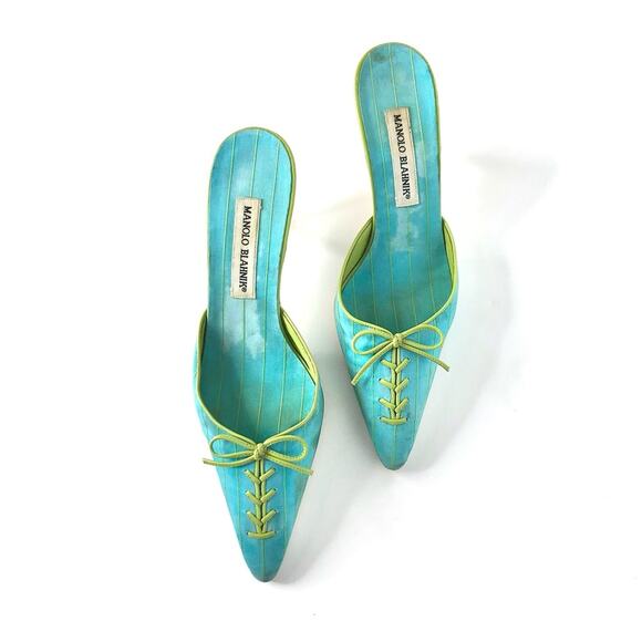 Vintage Manolo Blahnik Bow Lace Up Pinstripe Pointed Toe 39 - Picture 2 of 8